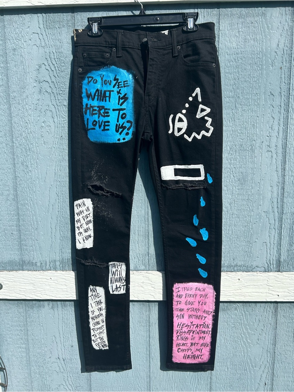 Hand-Painted Black Skinny Jeans with Blue & Pink Graffiti on Levi 510 jeans New